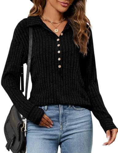 Micoson Women’s Fall Casual Long Sleeve Button Blouses Ribbed Knit Fashion Collared Oversized Loose Fit Tunic Tops