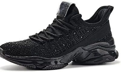 BELOS Women’s Rhinestone Mesh Slip On Walking Shoes Fashion Breathable Spakle Glitter Sneaker