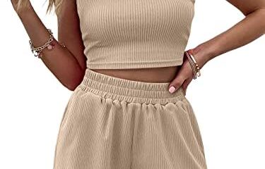 Trendy Queen Two Piece Outfits Women Summer Shorts Sets 2 Piece Sleeveless Matching Lounge Crop Top and High Waisted Shorts