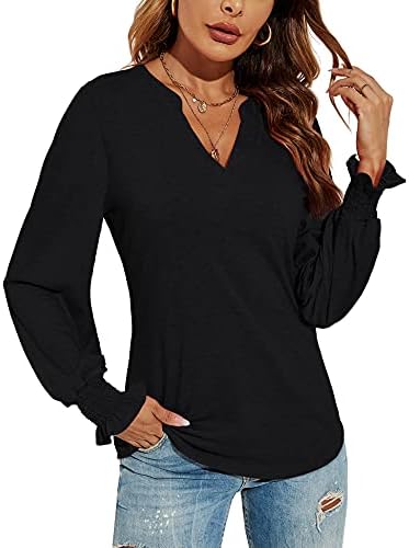 Romanstii Women’s Casual V-Neck T-Shirts Loose Puff Long Sleeve Tops Tunic Blouses