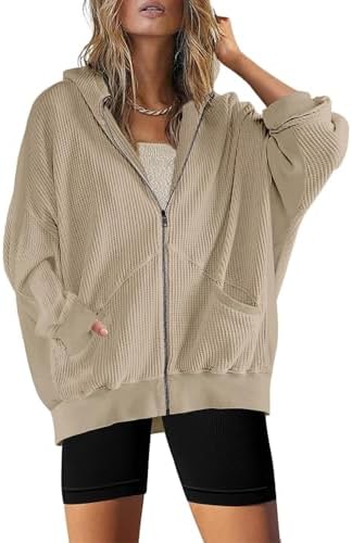 SAUKOLE Womens Fashion Zip Up Hoodies Oversized Waffle Knit Jacket Shirts Long Sleeve Solid Shacket Blouse with Pockets