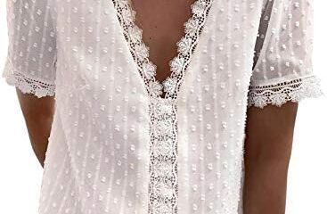 Dokotoo Women’s V Neck Lace Crochet Tunic Tops Flowy Casual Blouses Shirts