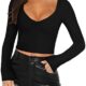 REORIA Women’s Sexy V Neck Long Sleeve Slim Fitted Cropped T Shirts Fall Fashion Going Out Crop Tops