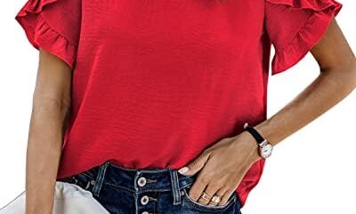 PRETTYGARDEN Women’s Shirts Summer Casual Crewneck Lace Crochet Short Sleeve Blouses Cute Floral Print Loose Tunic Tops