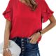 PRETTYGARDEN Women’s Shirts Summer Casual Crewneck Lace Crochet Short Sleeve Blouses Cute Floral Print Loose Tunic Tops
