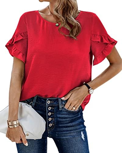 PRETTYGARDEN Women’s Shirts Summer Casual Crewneck Lace Crochet Short Sleeve Blouses Cute Floral Print Loose Tunic Tops