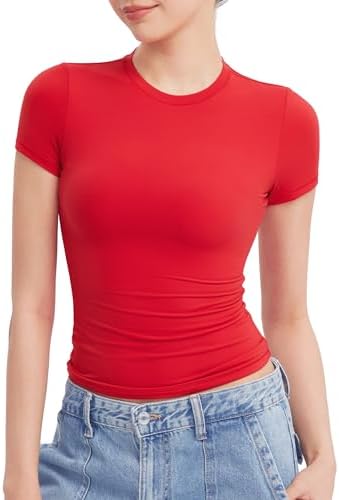 PUMIEY Women’s Crew Neck Short Sleeve Tops Double Lined Slim Fit T Shirts Basic Tee Smoke Cloud Pro Collection