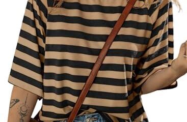 Dokotoo Tops for Women Striped 2024 Fashion T Shirts for Women Color Blocking Design Loose Basic Tee