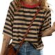 Dokotoo Tops for Women Striped 2024 Fashion T Shirts for Women Color Blocking Design Loose Basic Tee