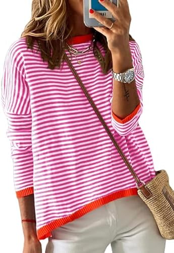 Dokotoo Womens 2024 Long Sleeve Tops Sweaters Casual Crewneck Striped Color Block Drop Shoulder Cotton Pullover Shirts