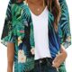 Women’s Floral Print Puff Sleeve Kimono Cardigan Loose Cover Up Casual Blouse Tops