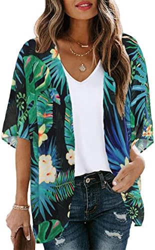 Women’s Floral Print Puff Sleeve Kimono Cardigan Loose Cover Up Casual Blouse Tops
