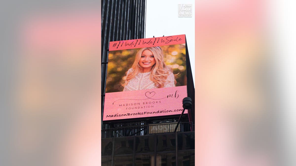 A billboard for the Madison Brooks Foundation is seen on display in Times Square