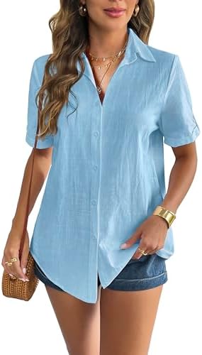Zeagoo Women Linen Button Down Shirt Rolled Cuffed Short Sleeve Blouse Ladies Summer Casual V Neck Beach Cotton Tops