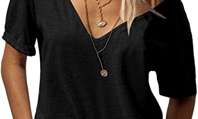 Danedvi Women Fashion Deep V-Neck Short Sleeve Tops Solid Casual Loose Basic T Shirt