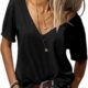 Danedvi Women Fashion Deep V-Neck Short Sleeve Tops Solid Casual Loose Basic T Shirt