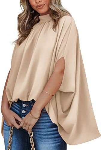BTFBM Women Mock Neck Batwing Short Sleeve Summer Tops 2024 Spring Loose High Low Hem Casual Oversize Blouses Shirts Top
