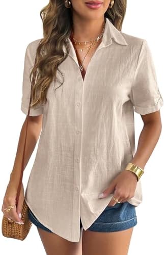 Zeagoo Women Linen Button Down Shirt Rolled Cuffed Short Sleeve Blouse Ladies Summer Casual V Neck Beach Cotton Tops