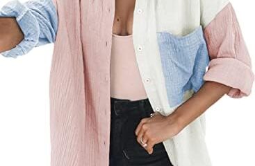 Dokotoo Womens Color Block Button Down Shirts Long Sleeve Oversized Boyfriend Blouses Tops