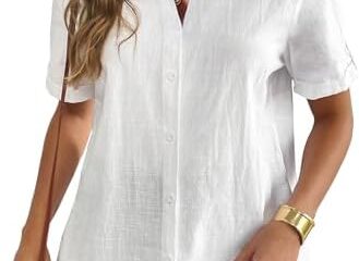 Zeagoo Women Linen Button Down Shirt Rolled Cuffed Short Sleeve Blouse Ladies Summer Casual V Neck Beach Cotton Tops