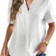 Zeagoo Women Linen Button Down Shirt Rolled Cuffed Short Sleeve Blouse Ladies Summer Casual V Neck Beach Cotton Tops