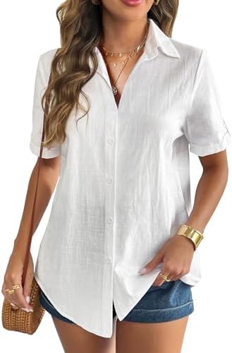 Zeagoo Women Linen Button Down Shirt Rolled Cuffed Short Sleeve Blouse Ladies Summer Casual V Neck Beach Cotton Tops