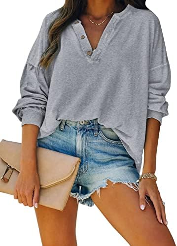 Dokotoo Sweatshirt for Women V Neck Button Down Casual Long Sleeve Shirts for Women Loose 2023