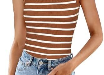ZESICA Womens Ribbed Tank Tops High Neck Slim Fitted Striped Basic Casual 2024 Summer Sleeveless Shirts