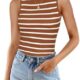 ZESICA Womens Ribbed Tank Tops High Neck Slim Fitted Striped Basic Casual 2024 Summer Sleeveless Shirts