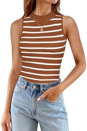 ZESICA Womens Ribbed Tank Tops High Neck Slim Fitted Striped Basic Casual 2024 Summer Sleeveless Shirts