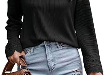 Trendy Queen Womens V Neck Lace Crochet 2023 Fall Long Sleeve Shirts Sexy Casual Fashion Clothes Tunic Tops Loose Blouses