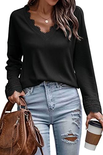 Trendy Queen Womens V Neck Lace Crochet 2023 Fall Long Sleeve Shirts Sexy Casual Fashion Clothes Tunic Tops Loose Blouses