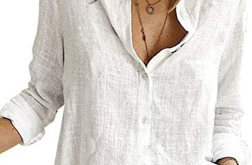 Astylish Womens V Neck Roll up Sleeve Button Down Blouses Tops