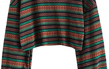 ZAFUL Women’s Tribal Ethnic Graphic Cropped Knitwear Bohemian Long Sleeve Pullover Sweater Boho Drop Shoulder Knitted Top