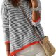 Dokotoo Womens 2024 Long Sleeve Tops Sweaters Casual Crewneck Striped Color Block Drop Shoulder Cotton Pullover Shirts