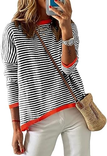 Dokotoo Womens 2024 Long Sleeve Tops Sweaters Casual Crewneck Striped Color Block Drop Shoulder Cotton Pullover Shirts