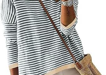 Dokotoo Womens 2024 Long Sleeve Tops Sweaters Casual Crewneck Striped Color Block Drop Shoulder Cotton Pullover Shirts