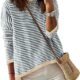 Dokotoo Womens 2024 Long Sleeve Tops Sweaters Casual Crewneck Striped Color Block Drop Shoulder Cotton Pullover Shirts