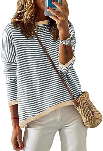 Dokotoo Womens 2024 Long Sleeve Tops Sweaters Casual Crewneck Striped Color Block Drop Shoulder Cotton Pullover Shirts