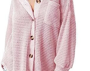 Dokotoo Womens Waffle Knit Shacket Jacket Casual Long Sleeve Button Down Shirts Dressy Blouses Tops