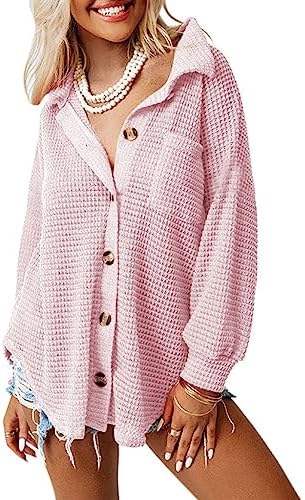 Dokotoo Womens Waffle Knit Shacket Jacket Casual Long Sleeve Button Down Shirts Dressy Blouses Tops