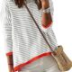 Dokotoo Womens 2024 Long Sleeve Tops Sweaters Casual Crewneck Striped Color Block Drop Shoulder Cotton Pullover Shirts