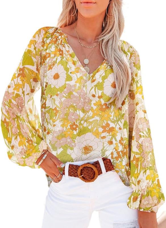 SHEWIN Women’s Casual Boho Floral Print V Neck Long Sleeve Loose Blouses Shirts Tops