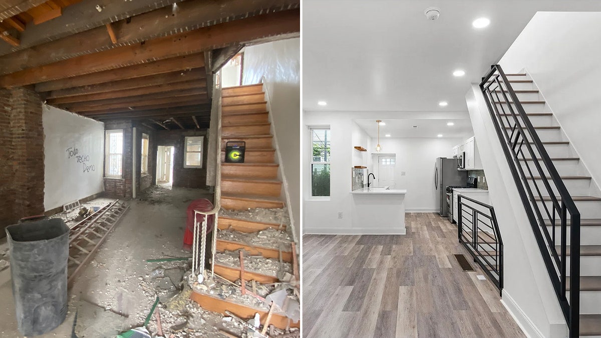Left photo show gutted interior of Philadelphia house, right shows bright white painted walls, and new floors