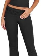 ANRABESS Women’s 2 Piece Lounge Sets Fold-over Flare Pants Set Shorts Sleeve Y2K Cropped Top Casual Outfits Pajamas