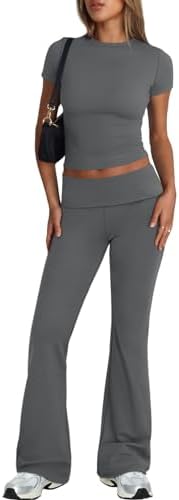 Trendy Queen Lounge Sets For Women 2 Piece Casual Y2K Outfits Short Sleeve Cropped Tops Fold Over Flare Pants Tracksuits