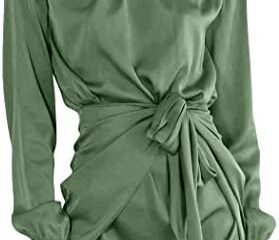 PRETTYGARDEN Women’s Spring Satin Dress Long Sleeve Tie Waist Elegant Cocktail Party Mini Fall Dresses