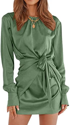 PRETTYGARDEN Women’s Spring Satin Dress Long Sleeve Tie Waist Elegant Cocktail Party Mini Fall Dresses