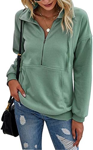 PRETTYGARDEN Women’s Casual Long Sleeve Zipper Sweatshirt Drawstring Loose Quarter Zip Pullover Tops with Pockets
