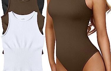 OQQ Women’s 3 Piece Bodysuits Sexy Ribbed One Piece Sleeveless Halter Neck Bodysuits